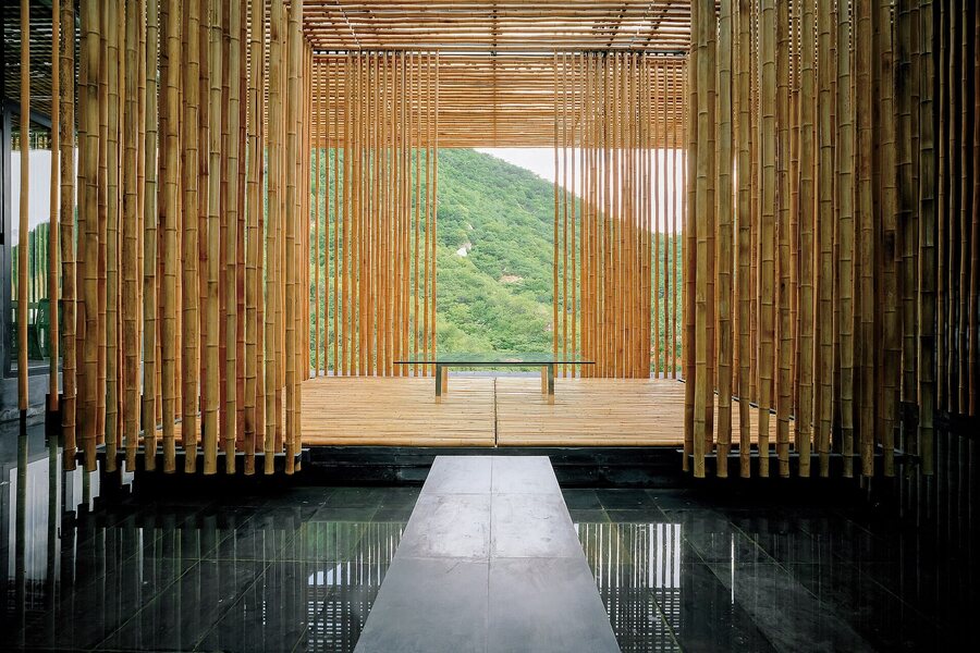 Kengo Kuma's Bamboo Wall villa at Commune by the Great Wall, Shifosi Village, Badaling, Beijing, China