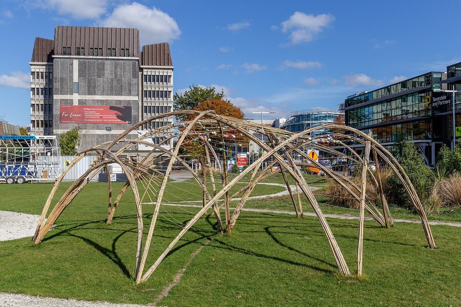 Temporary bamboo pavilion in central Christchurch, Canterbury, New Zealand
