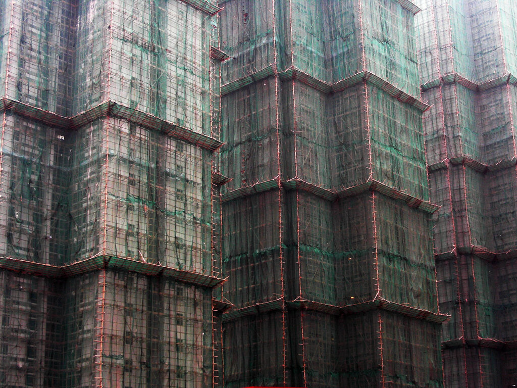 Bamboo scaffolding around high-rise construction in Tsuen Wan, Hong Kong